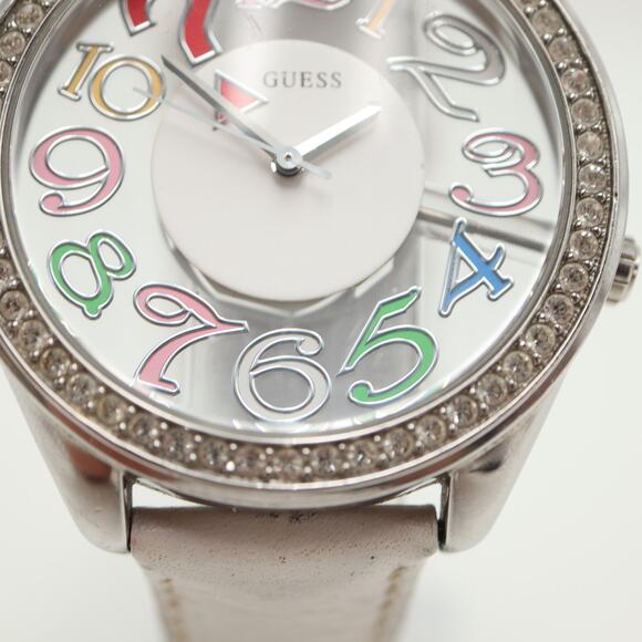 Guess Clear Dial Multicolor Numbers 45mm Watch White Leather with New Battery - Picture 7 of 16